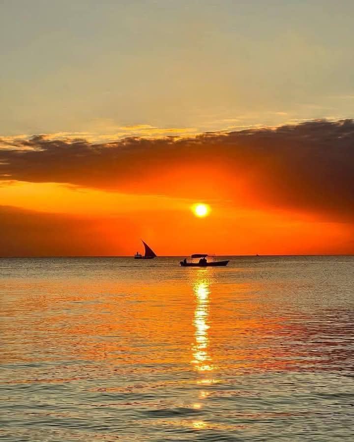 Stunning sunset over the Indian Ocean with dhow boat silhouette